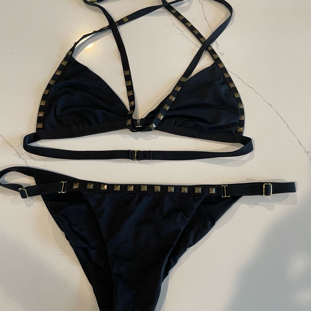 Beach Bunny Black Triangle Bikini with Gold Studs - XS